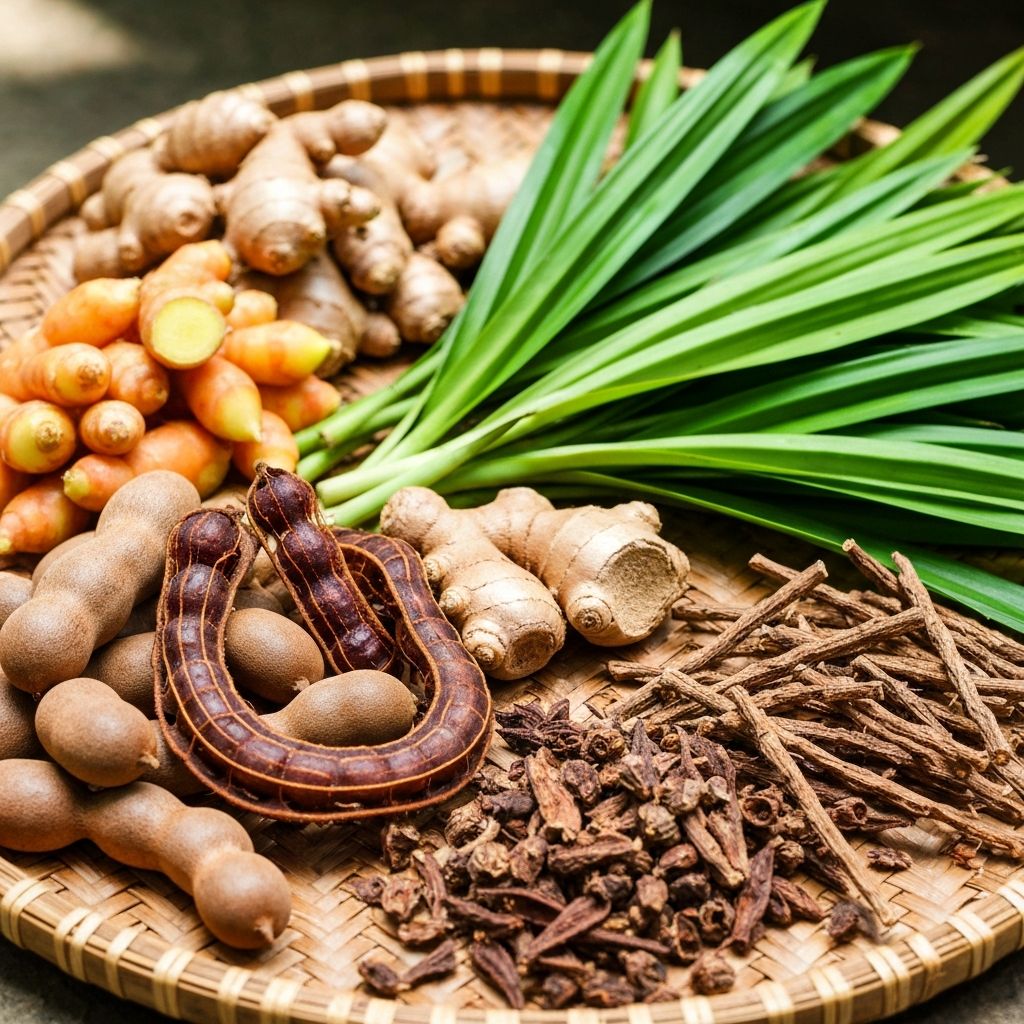 Collection of tropical herbs including ginger, tamarind, and pandan